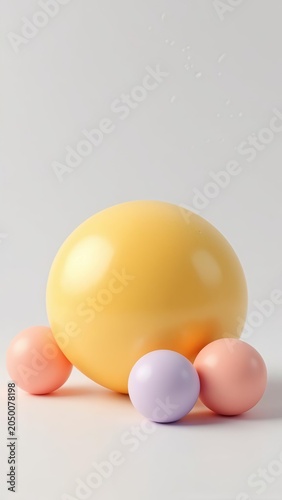 Minimalist abstract 3D composition featuring a large yellow sphere surrounded by smaller pastel pink and purple balls