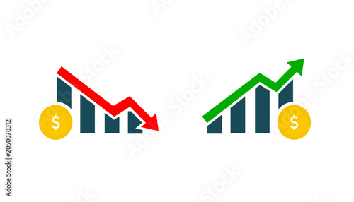 Flat vector icons showing financial growth and decline graphs with dollar coin symbols, representing market performance, investment results, profit, and loss on white.