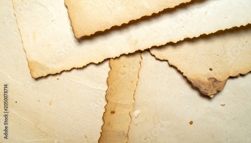 Overlapping aged paper scraps with burnt scorched edges texture.