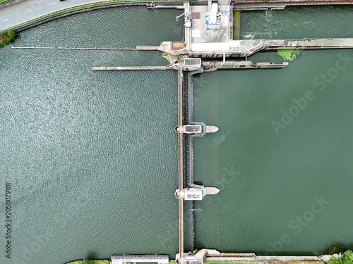 Aerial Top View of Hydroelectric Dam on the Moselle River