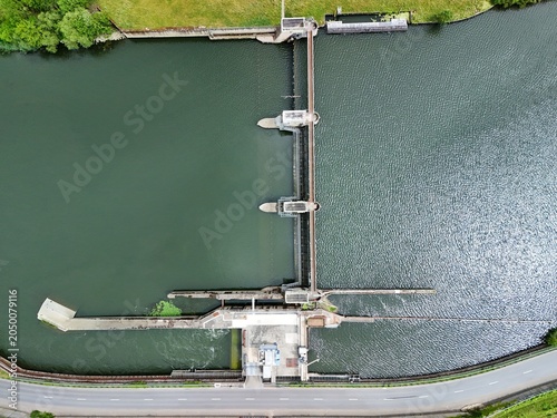 Aerial Top View of Hydroelectric Dam on the Moselle River