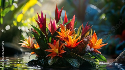 close up of exotic flower arrangement in luxury garden setting, generative ai