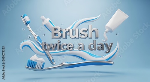 Brush twice a day dental care concept featuring toothbrushes and toothpaste with a blue swirling background for oral hygiene awareness and health advice
