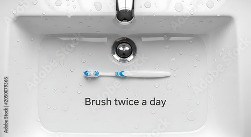 A single toothbrush resting in a wet white bathroom sink as a conceptual reminder to brush twice a day for maintaining good oral health and hygiene