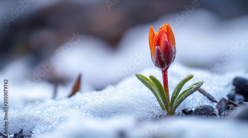 close up of flower emerging through snow, resilience concept, generative ai