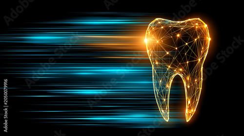 A digital tooth formed from connected points, representing dental technology, oral health innovation, medical diagnostics and modern dentistry solutions.
