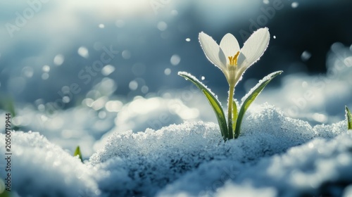 close up of flower emerging through snow, resilience concept, generative ai