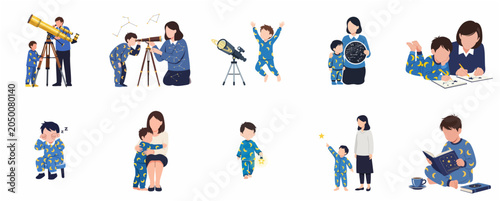 Set of flat vector illustrations of parents and a little boy in pajamas exploring astronomy, stargazing with telescopes, and learning about stars and constellations together.
