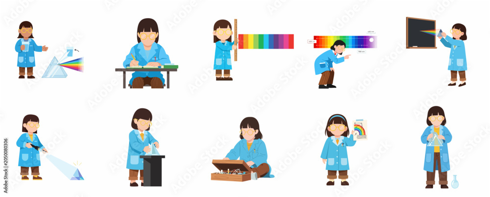 Fototapeta premium Cute Girl Scientist Character Set Conducting Light and Prism Physics Experiments in Lab Coat