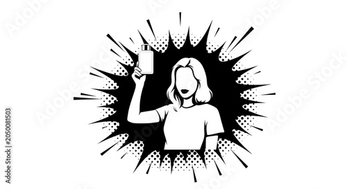 Quadro su tela Woman holding up a white card in a comic book style.