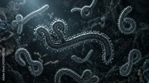 Highly detailed 3D visualization of the Ebola virus with a dense capsid texture and many small surface spines on a dark organic background.