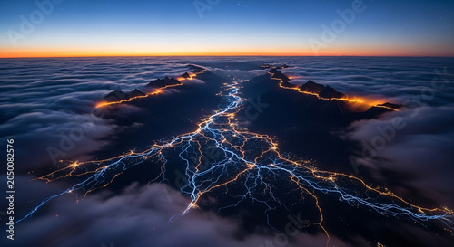 Aerial view of lightning illuminating clouds at sunset with a gradient blue and orange sky