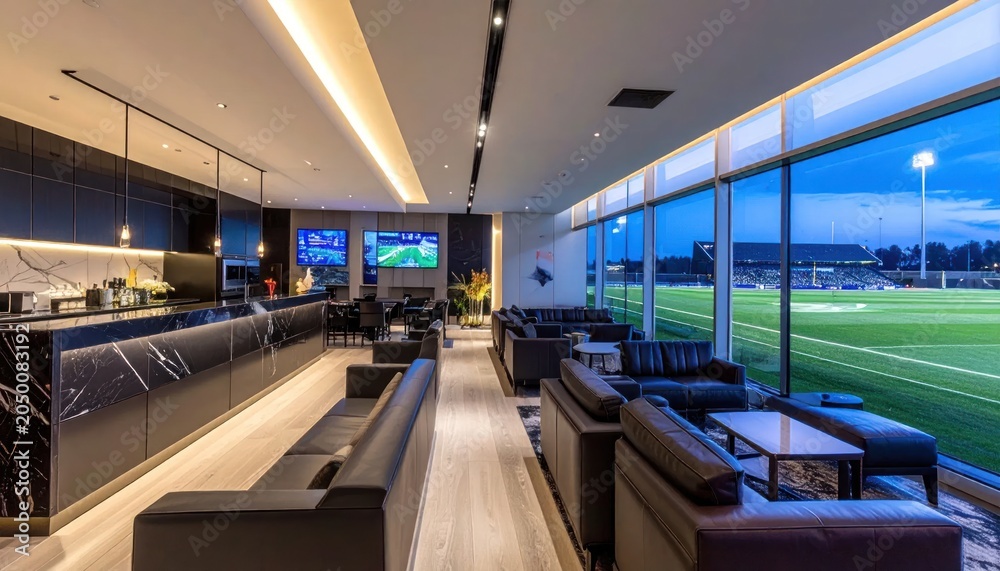 Obraz premium Modern sports bar interior with view of stadium pitch.