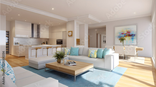 Open plan layout combining living, dining, and kitchen areas.