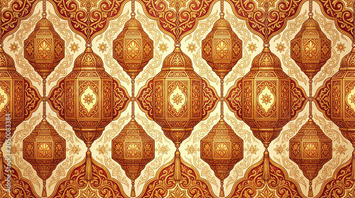 Ornate arabic lanterns create a seamless pattern with shimmering gold and red arabesque motifs.