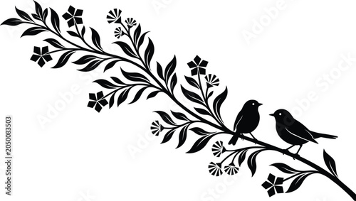 Tableau sur toile Elegant black silhouette of two birds perched on a flowering tree branch vector illustration in image_836703