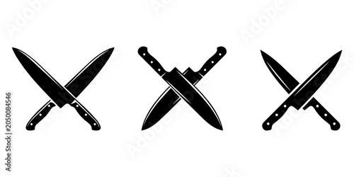 Foto Two crossed sharp chef's kitchen knives, black silhouette illustration on an isolated white background