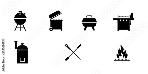 BBQ grill icon set  bbq grill minimal flat icon set, black color and white background  barbecue grill icon set silhouette on white background