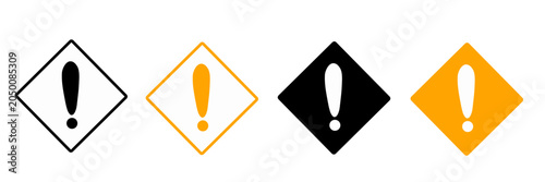 Exclamation Mark Set in Warning Notification Icon, Black and Yellow Square Hazard, Dangerous Sign