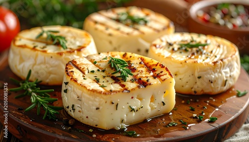 Grilled, golden-brown cheese rounds, garnished with herbs, sit on a wooden platter with a tomato and small bowl
