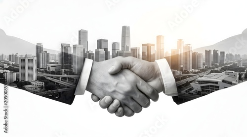 Business partners shaking hands over a city skyline