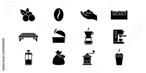Photos Coffee bean and caffeine production minimalist icon set, Black silhouette relate