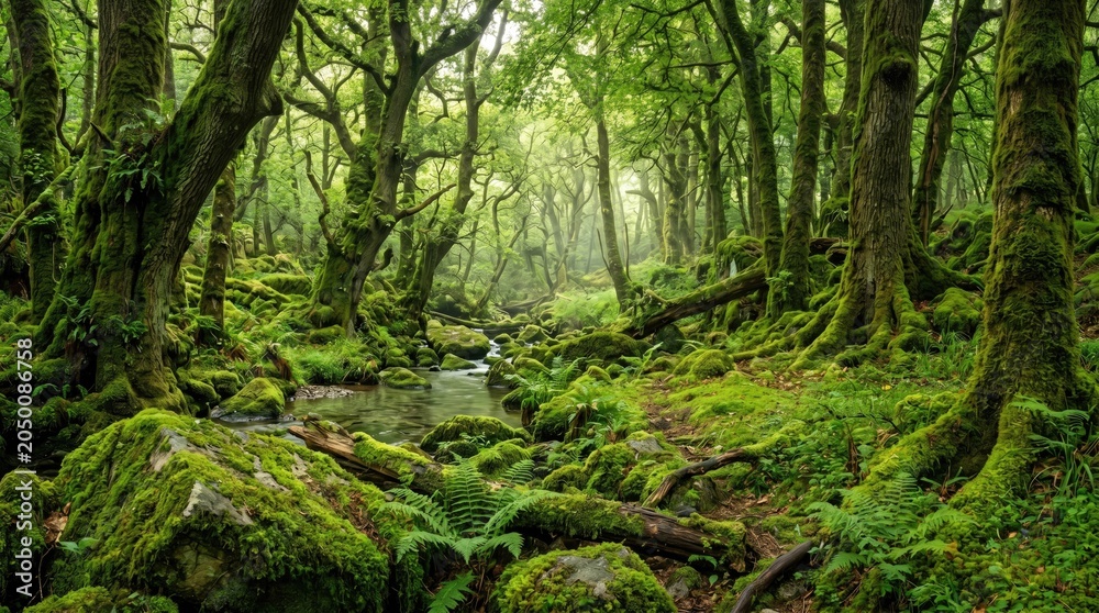 Obraz premium Mossy forest with a stream running through it featuring a silhouette of trees