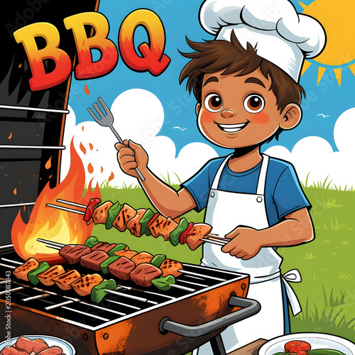 BBQ and boy grilling skewers cartoon clipart