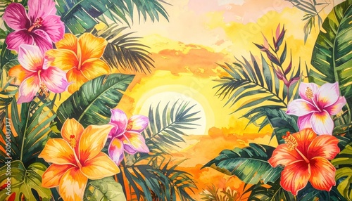 Vibrant tropical sunset with hibiscus flowers and palm fronds.
