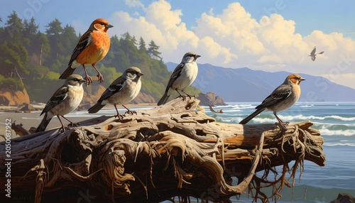 Group of small birds perched on weathered driftwood on a sandy beach. The ocean and mountains are visible in the background