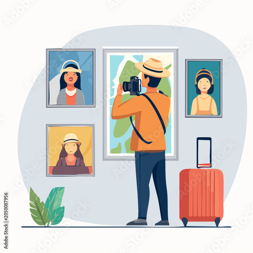 Photographer taking picture in art gallery with suitcase