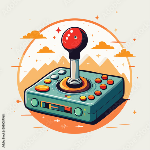 Retro joystick with buttons and mountain background