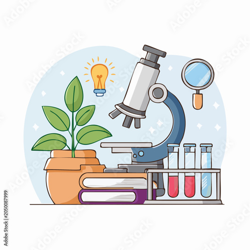 Science and discovery illustration with microscope, plant, and light