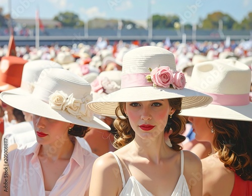 Group of stylish women in large, ornate hats attend a public outdoor event, surrounded by a crowd