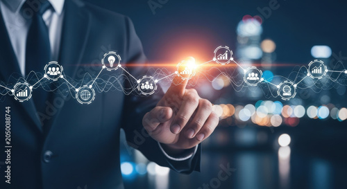 Businessman Touching Connected Icon Virtual Screen Business Goals Online Marketing Technology Innovation Global Communication Future Graph Digital Data