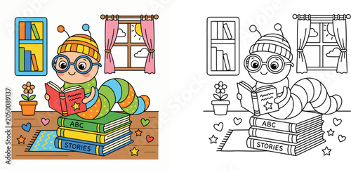 Tableau sur toile Cute cartoon bookworm caterpillar reading a book on a stack of books, coloring b