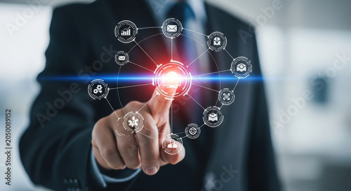 Businessman Touching Digital Screen Technology Communication Network Interface Modern Digitalization Transformation Future Business Growth Strategy Automation