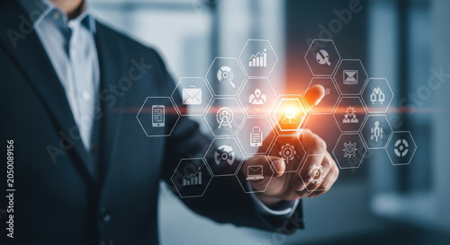 Businessman Touching Digital Interface Icons Showing Analytics Communication Marketing Business Management Technology Data Innovation Solution Futuristic