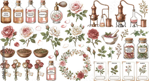 Quadro su tela Vintage Rose Apothecary Vector Clip Art Set with Botanical Bottles Essential Oil