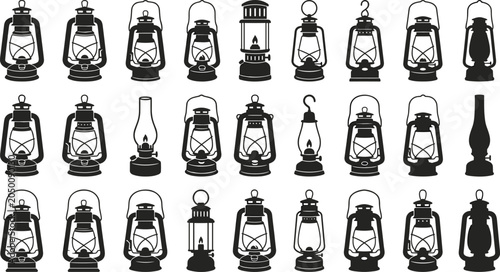 Tableau sur toile Collection of Vintage Kerosene Oil Lantern Silhouettes for Rustic Branding Campi