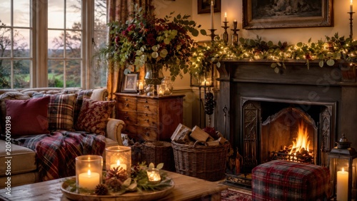 Britisches Wohnzimmer zu Weihnachten
Warm beleuchtetes englisches Wohnzimmer mit offenem Kamin, Kerzen, Tannendeko und gemütlichem Sofa im klassischen Landhausstil.