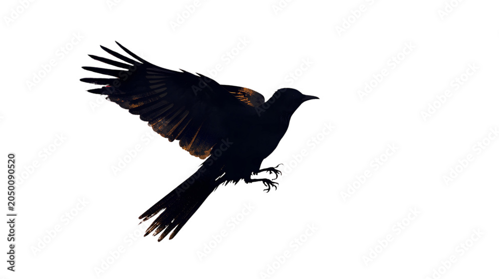 Obraz premium Black bird soaring with wings fully extended in flight against a bright clear sky for environmental or freedom related projects.