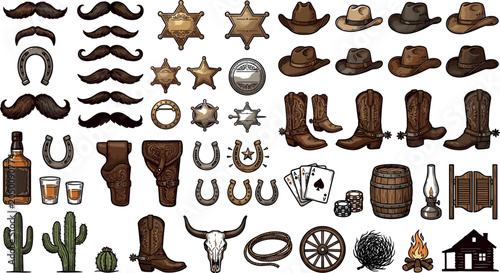 Bild auf Leinwand Vintage Wild West Cowboy Vector Clip Art Set Featuring Sheriff Badges Cowboy Hat