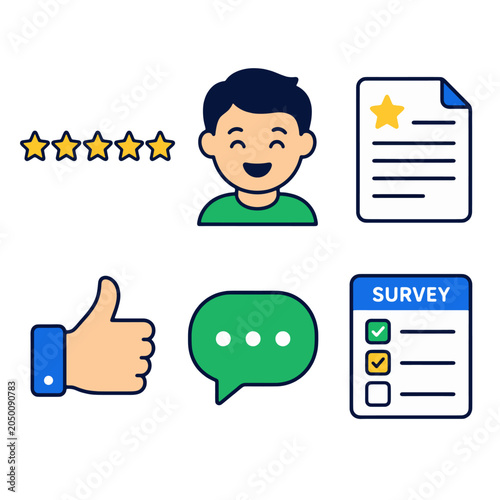 Comprehensive vector icon set depicting customer feedback, online reviews, surveys, and user satisfaction, ideal for web, mobile apps, and business interfaces, symbolizing evaluation and communication