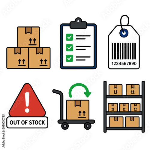 Set of icons representing logistics, supply chain, and inventory management, including boxes, checklist, barcode, warning sign, and shelving units