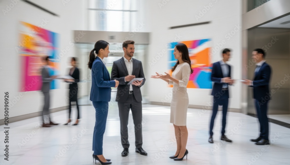Fototapeta premium Business professionals talking in a modern office lobby with motion blur background