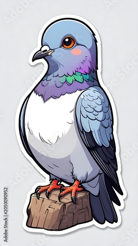 A cartoon bird with blue, purple, and white feathers perches on a brown log