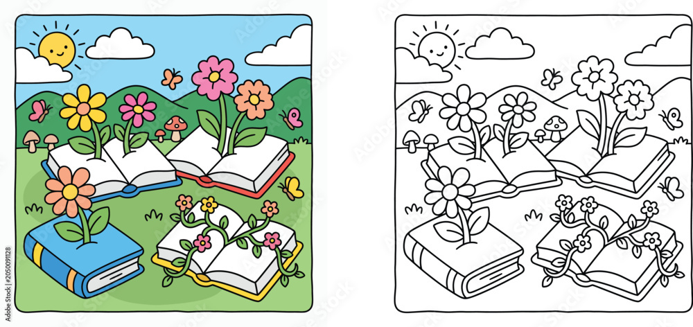 Obraz premium Coloring page and colored illustration of flowers growing from books in a green field under a sunny sky, educational children activity vector