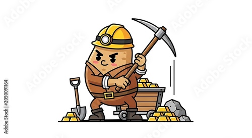Cartoon miner with pickaxe and helmet illustration.