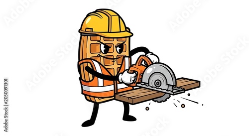 Cartoon miner with pickaxe and helmet in mine.